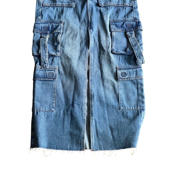 PacSun Womens Indigo Denim Cargo Midi Skirt With Frayed Hem & Multiple Pockets - Picture 3 of 6